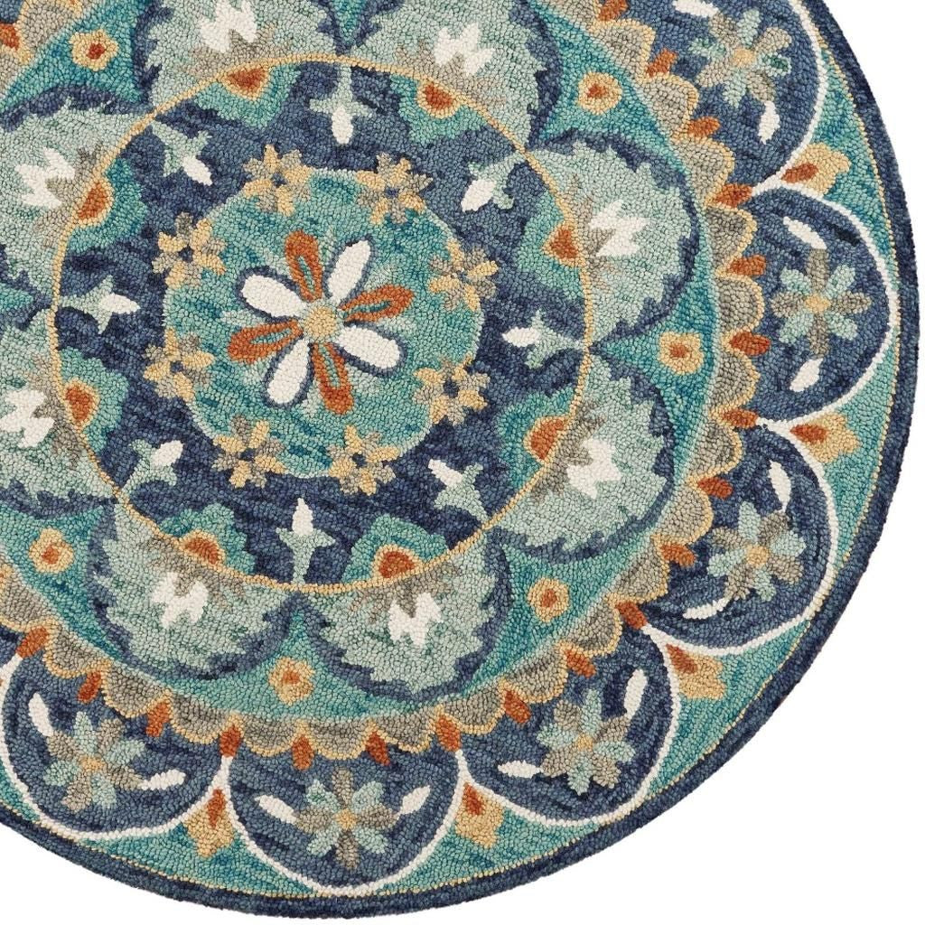 6' Blue And Green Round Wool Floral Hand Tufted Area Rug-Area Rugs-DECOROLALA