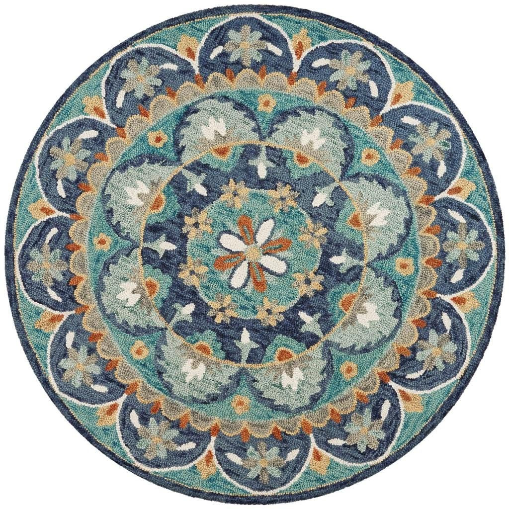 6' Blue And Green Round Wool Floral Hand Tufted Area Rug-Area Rugs-DECOROLALA