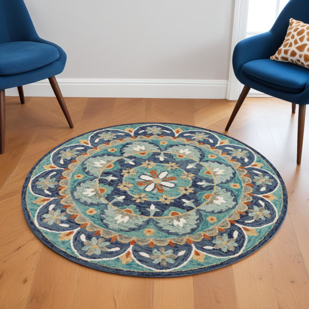 6' Blue And Green Round Wool Floral Hand Tufted Area Rug-Area Rugs-DECOROLALA