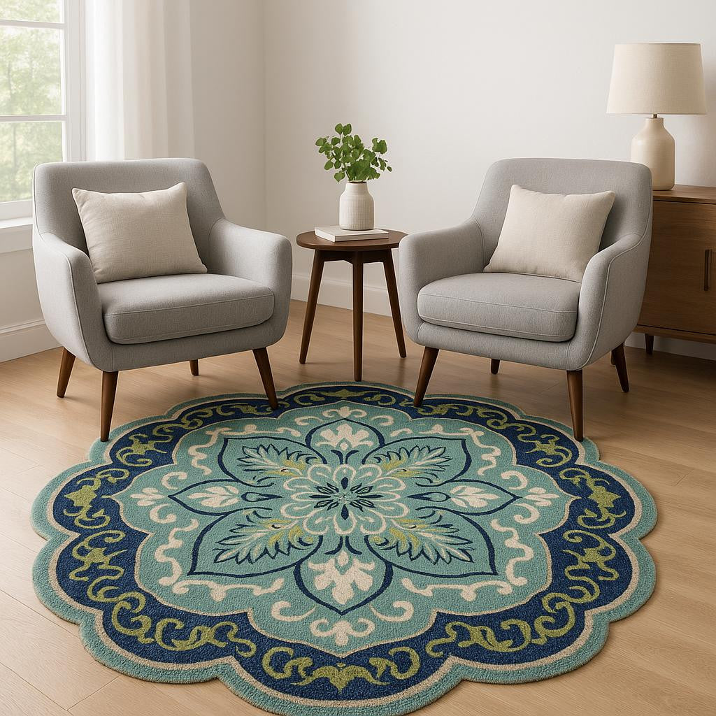 6' Blue And Green Wool Geometric Hand Tufted Round Rug-Area Rugs-DECOROLALA