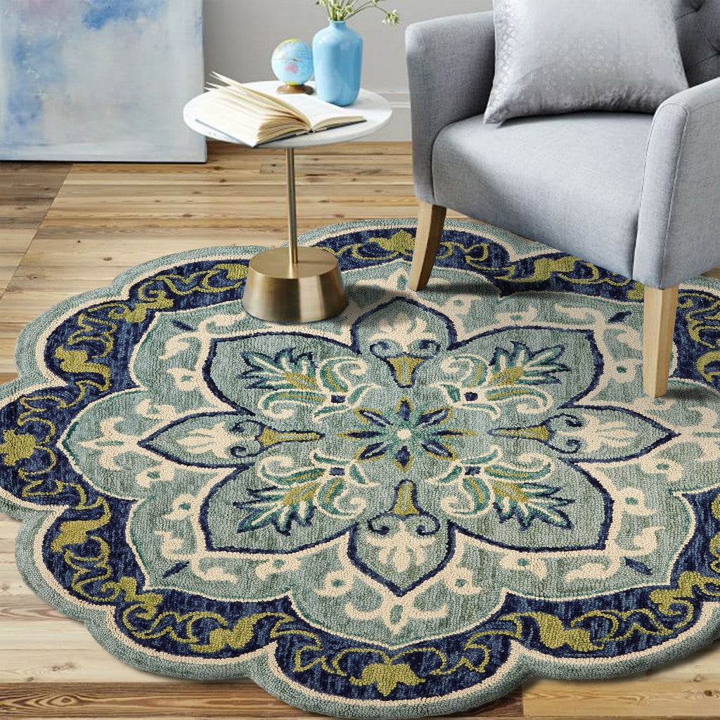 6' Blue And Green Wool Geometric Hand Tufted Round Rug-Area Rugs-DECOROLALA