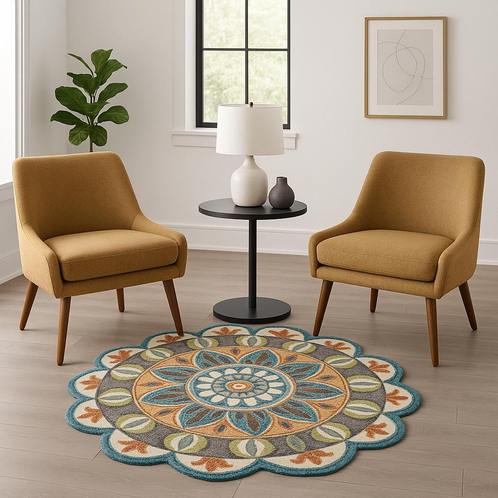 6' Blue And Green Wool Geometric Hand Tufted Round Rug-Area Rugs-DECOROLALA