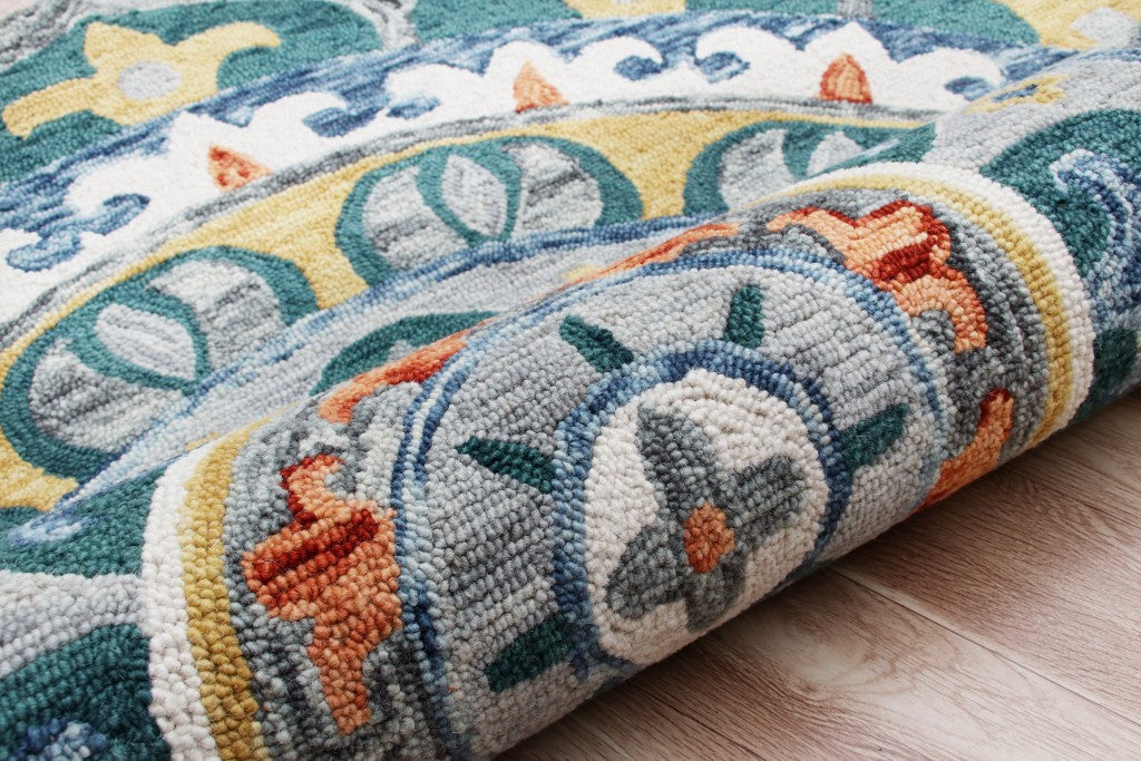 6' Blue And Red Wool Hand Hooked Round Rug-Area Rugs-DECOROLALA