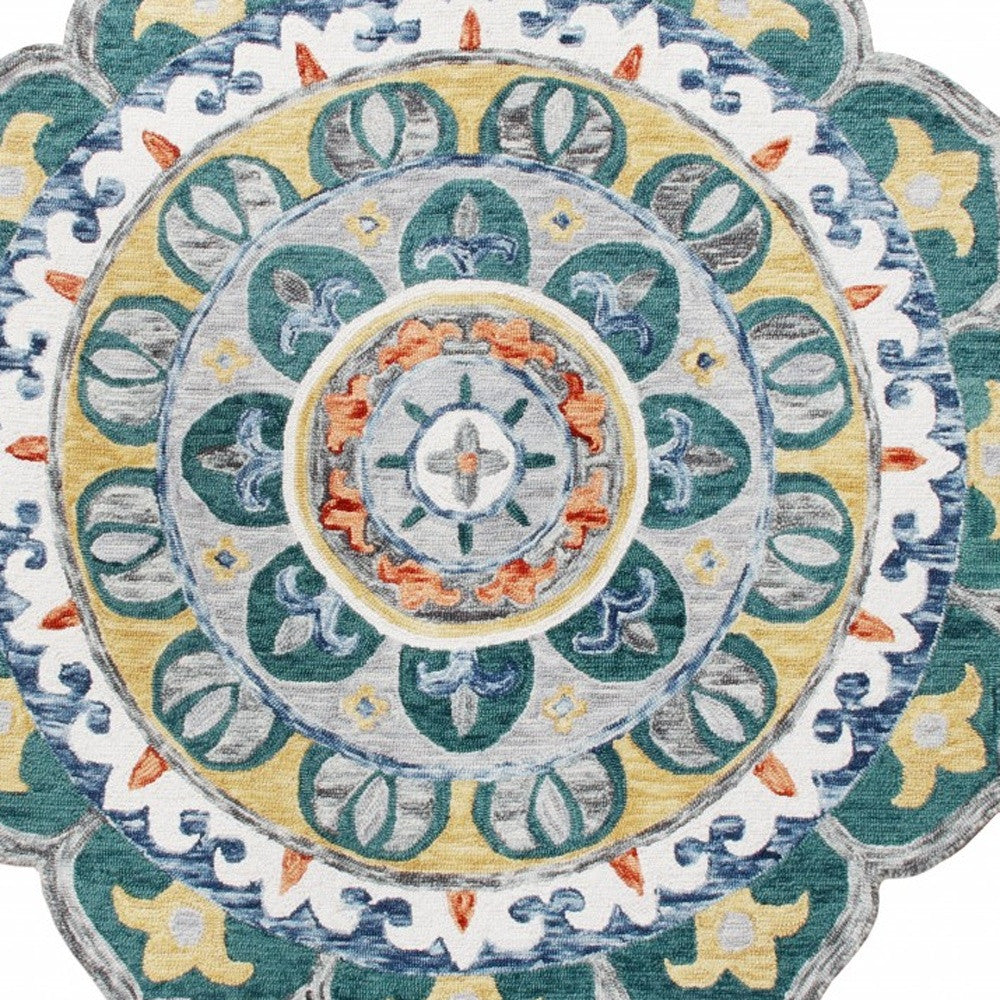 6' Blue And Red Wool Hand Hooked Round Rug-Area Rugs-DECOROLALA