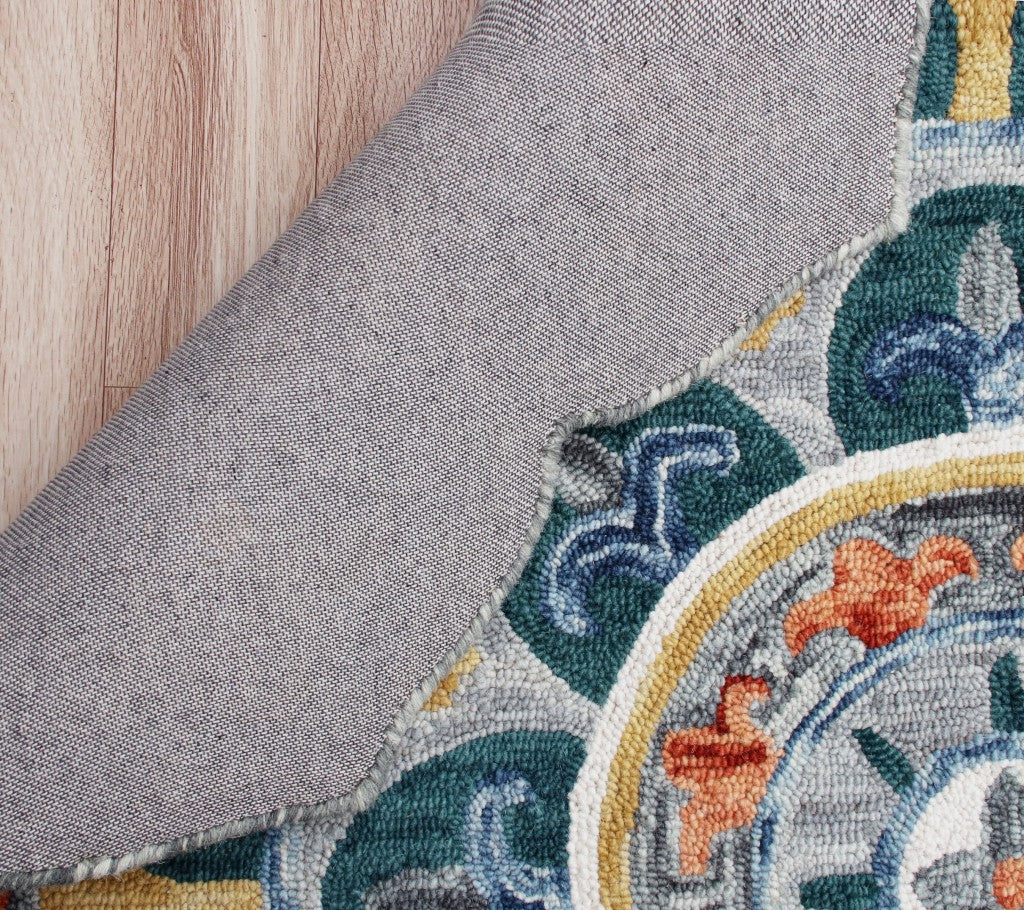 6' Blue And Red Wool Hand Hooked Round Rug-Area Rugs-DECOROLALA