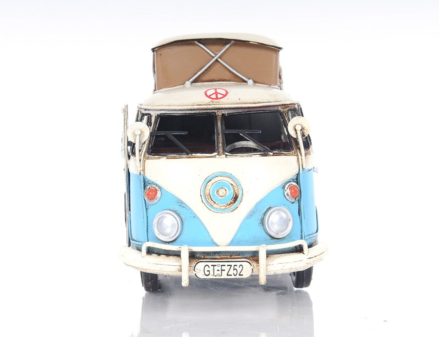 6" Blue And White Metal Volkswagen Bus Sculpture-Sculptures-DECOROLALA