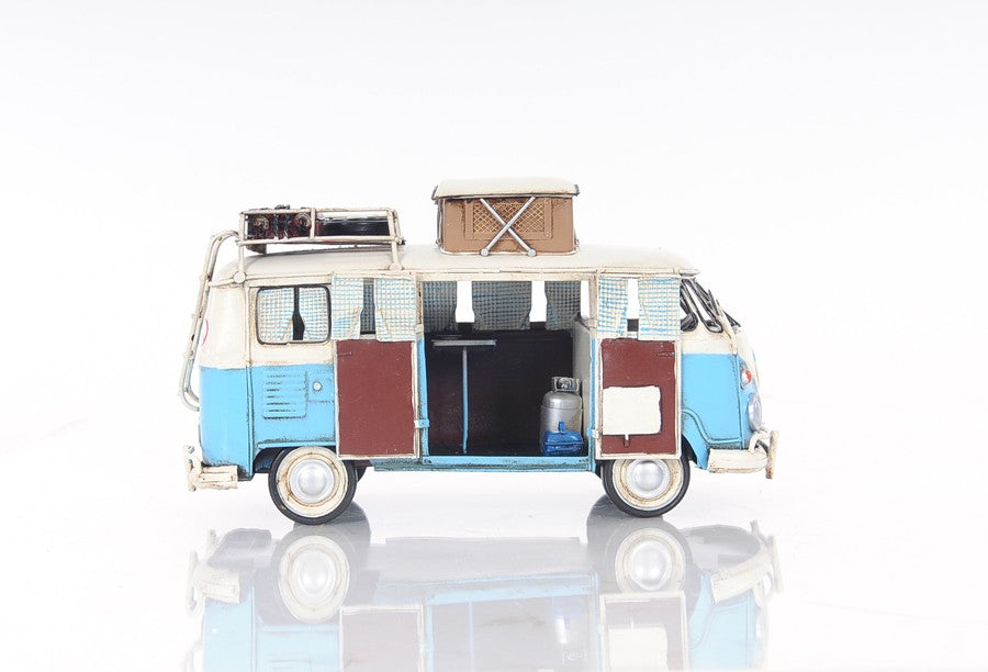 6" Blue And White Metal Volkswagen Bus Sculpture-Sculptures-DECOROLALA