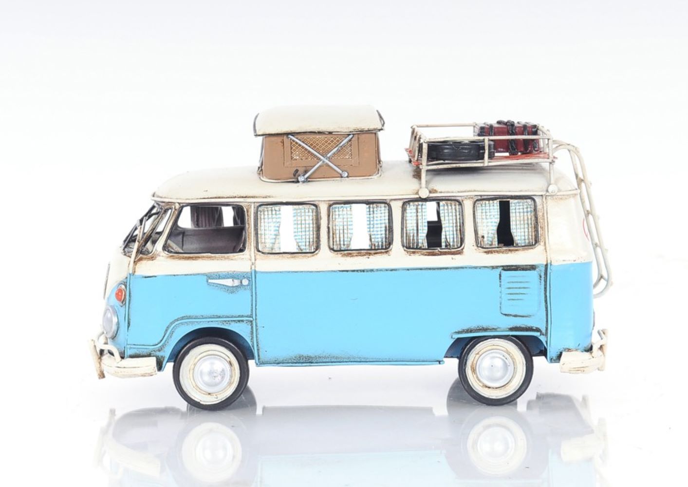 6" Blue And White Metal Volkswagen Bus Sculpture-Sculptures-DECOROLALA