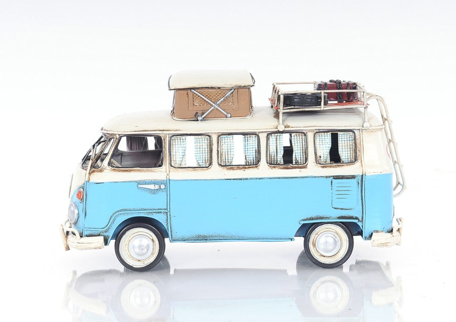 6" Blue And White Metal Volkswagen Bus Sculpture-Sculptures-DECOROLALA