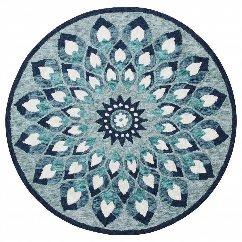6' Blue And White Round Wool Hand Tufted Area Rug-Area Rugs-DECOROLALA