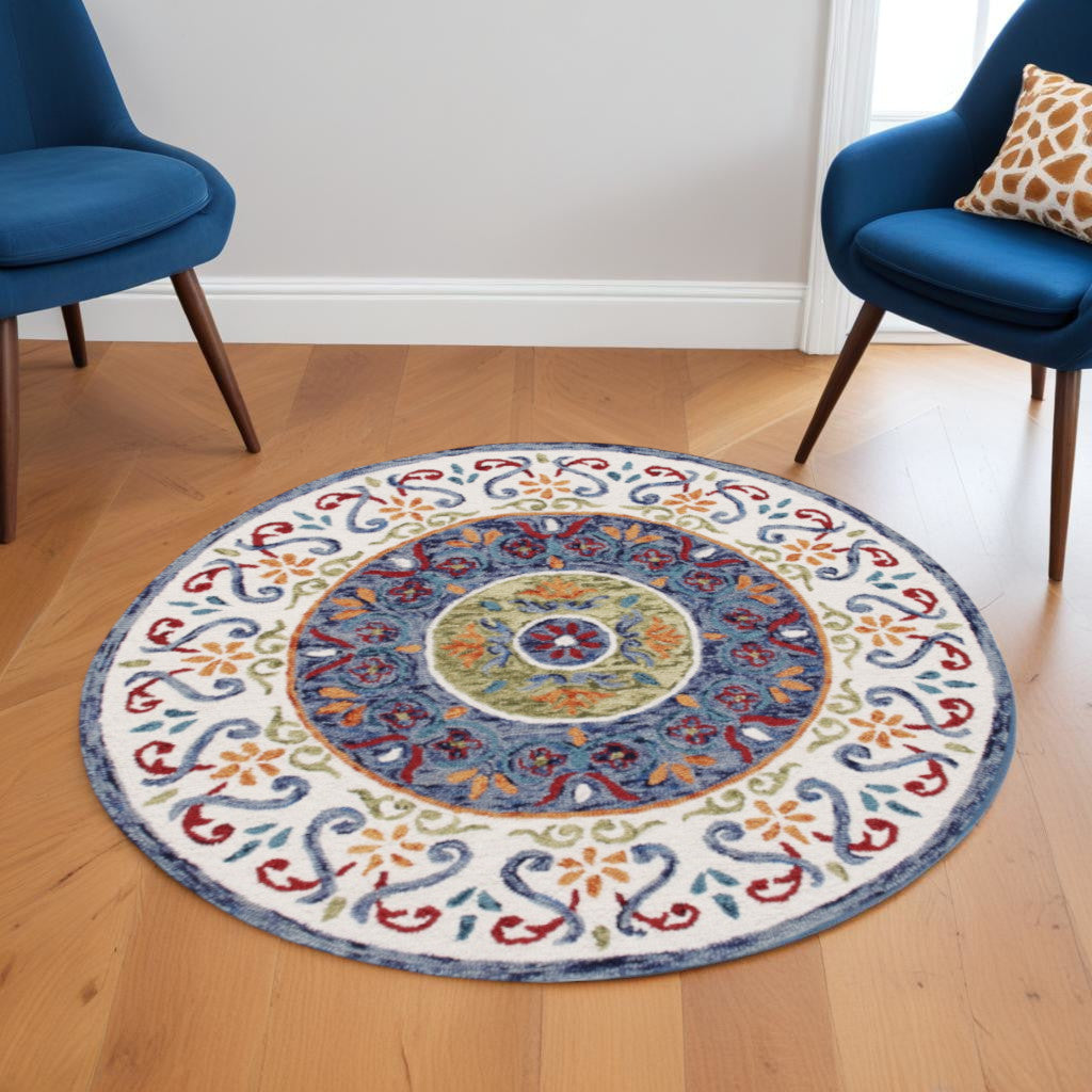 6' Blue And White Round Wool Hand Tufted Area Rug-Area Rugs-DECOROLALA
