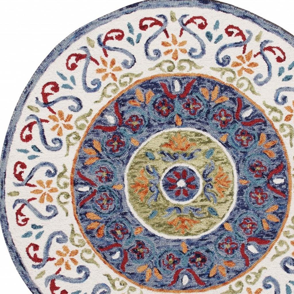 6' Blue And White Round Wool Hand Tufted Area Rug-Area Rugs-DECOROLALA