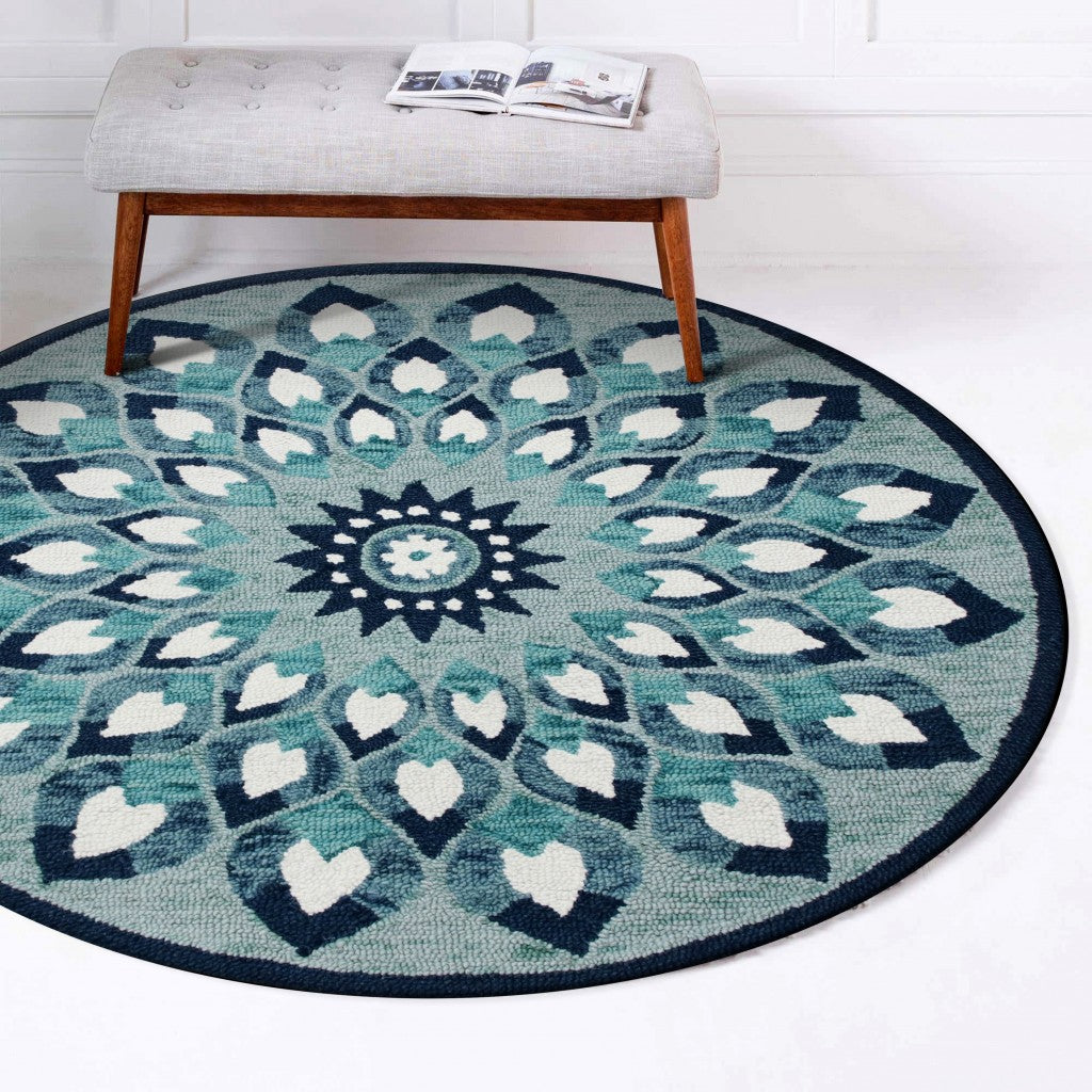 6' Blue And White Round Wool Hand Tufted Area Rug-Area Rugs-DECOROLALA