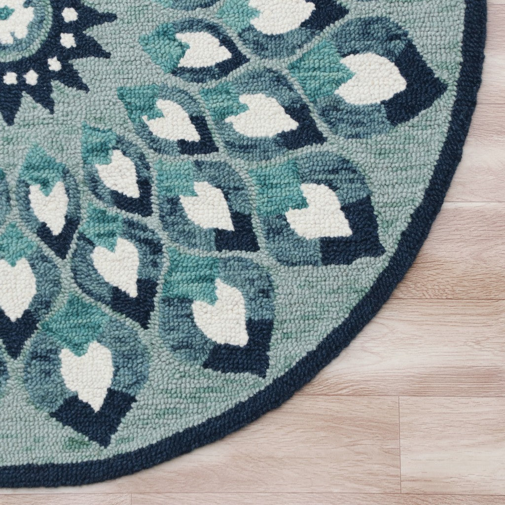 6' Blue And White Round Wool Hand Tufted Area Rug-Area Rugs-DECOROLALA