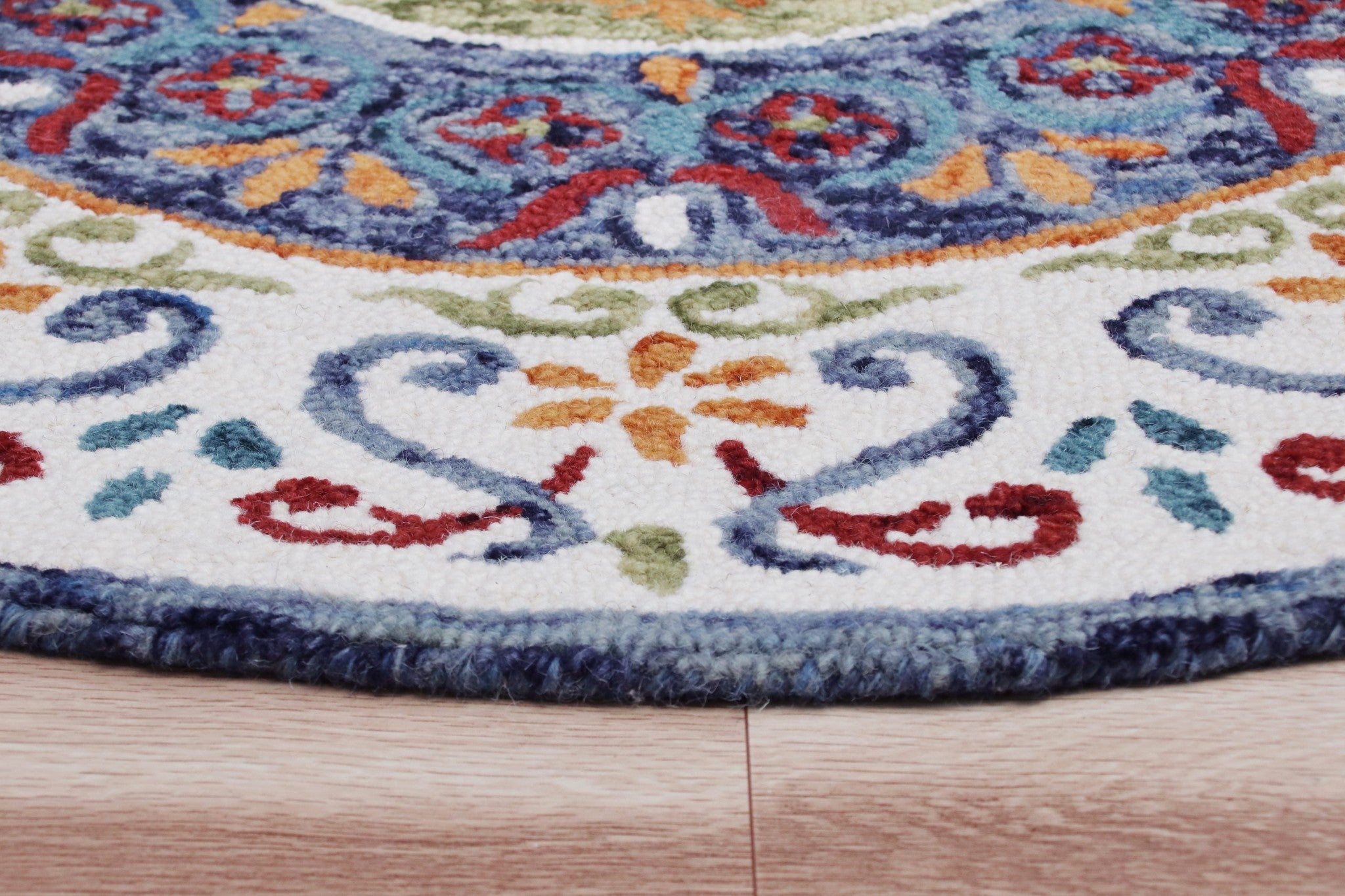 6' Blue And White Round Wool Hand Tufted Area Rug-Area Rugs-DECOROLALA