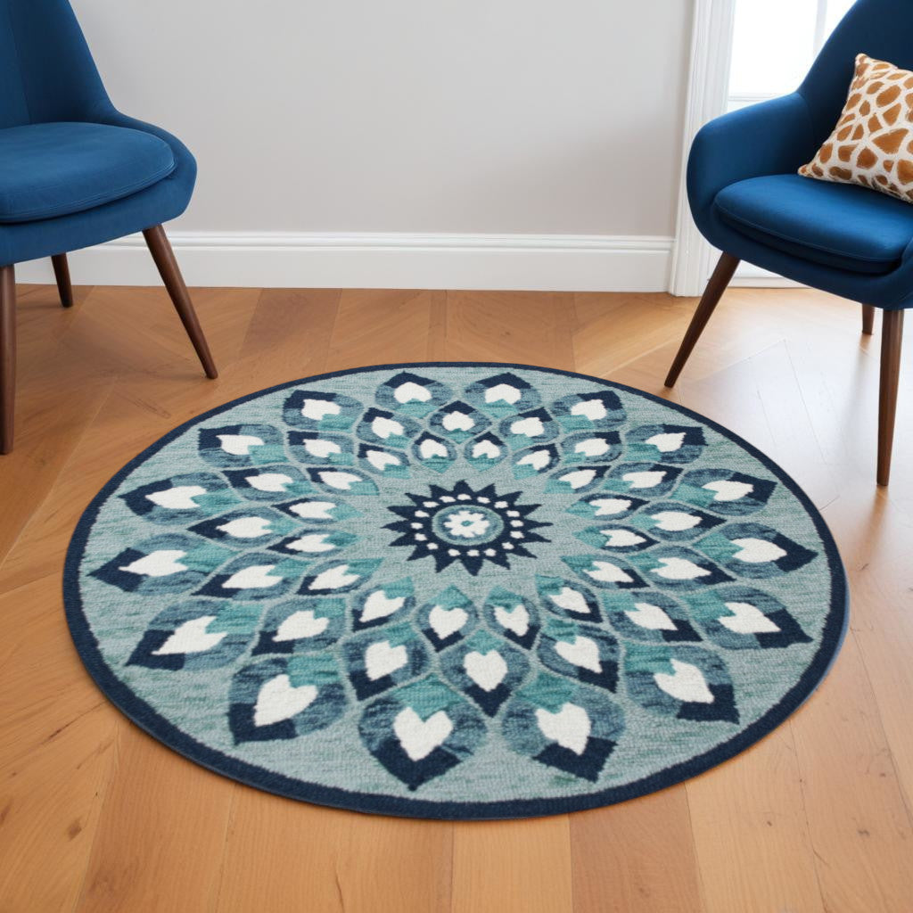 6' Blue And White Round Wool Hand Tufted Area Rug-Area Rugs-DECOROLALA