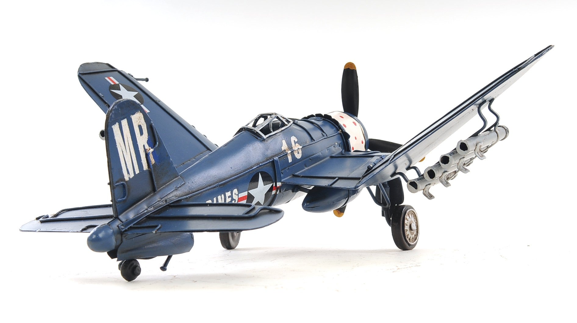 6" Blue Metal Hand Painted Model Airplane Tabletop Sculpture-Sculptures-DECOROLALA