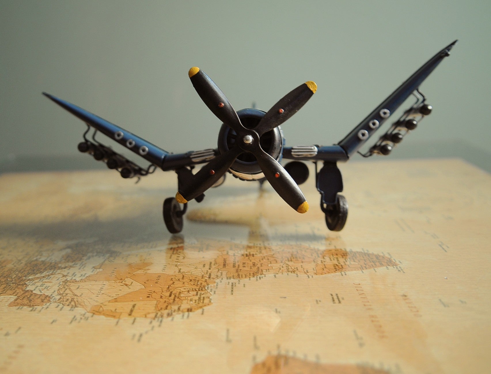 6" Blue Metal Hand Painted Model Airplane Tabletop Sculpture-Sculptures-DECOROLALA