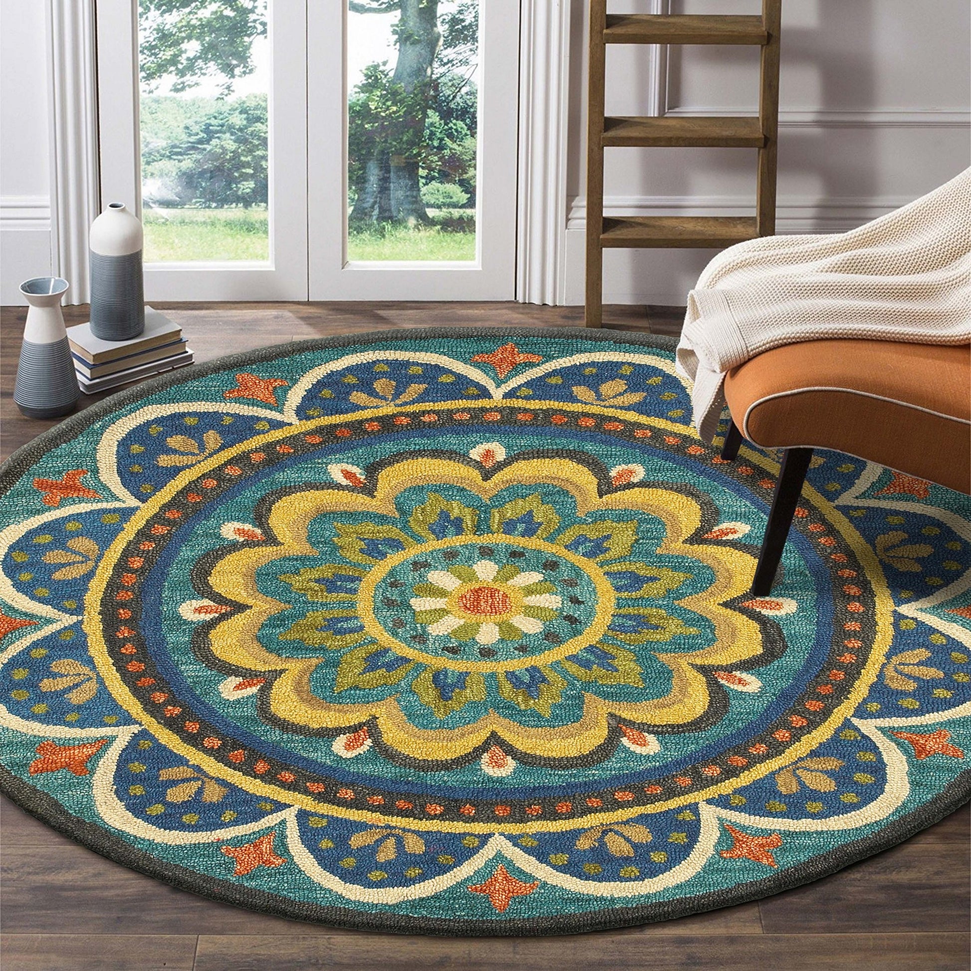 6' Blue Round Wool Geometric Hand Tufted Area Rug-Area Rugs-DECOROLALA