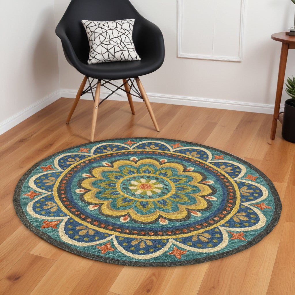 6' Blue Round Wool Geometric Hand Tufted Area Rug-Area Rugs-DECOROLALA