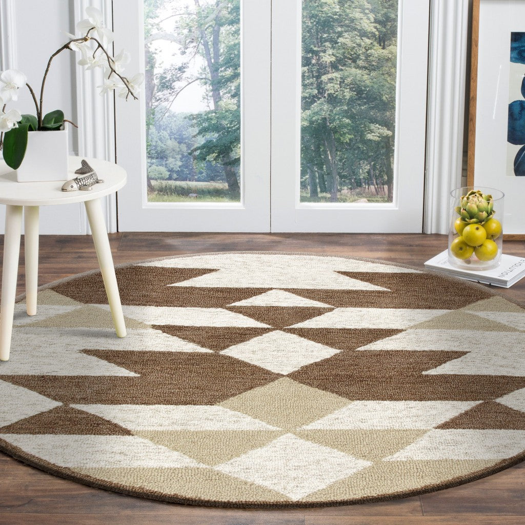 6' Brown And Ivory Round Wool Hand Tufted Area Rug-Area Rugs-DECOROLALA