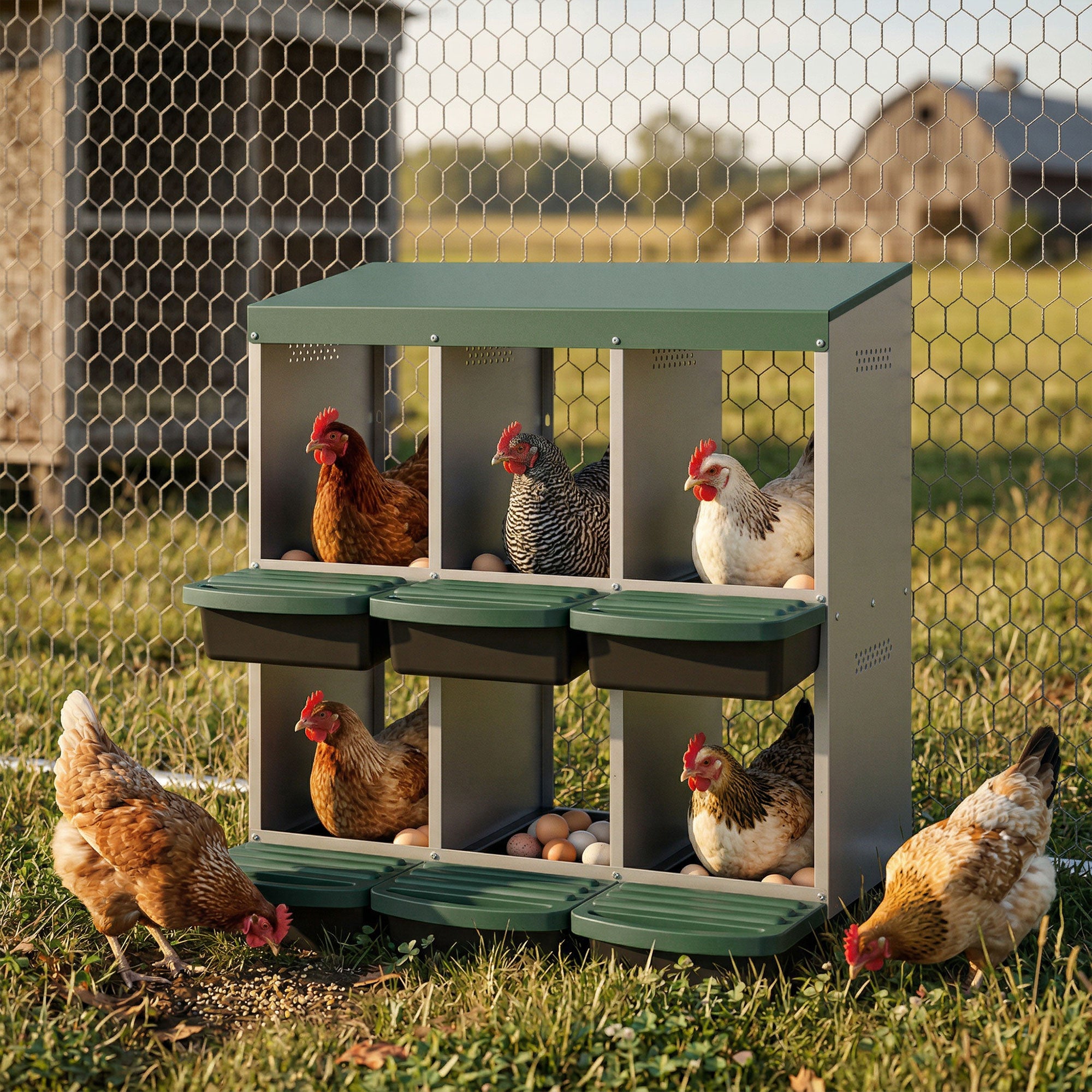 6-Compartment Metal Roll-Away Chicken Nesting Boxes - Silver-Small Animals-DECOROLALA