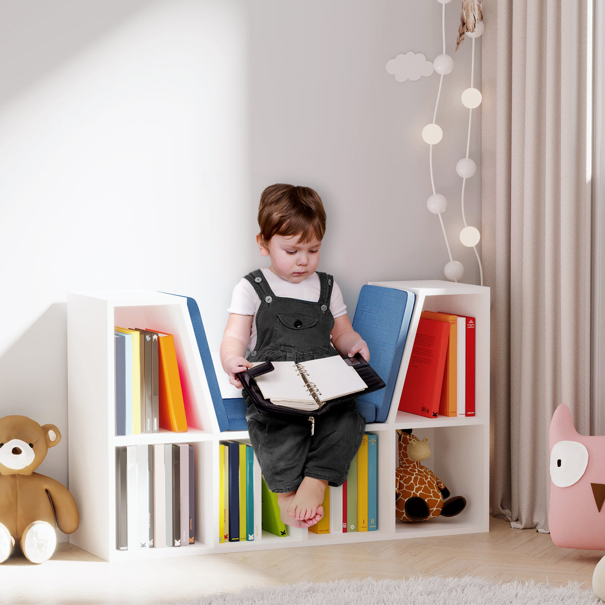 6-Cubby Bookcase with Reading Nook Seat Cushion - Blue-Home Furnishings > Storage & Organization > Bookshelves & Bookcases > Small Bookshelves-DECOROLALA