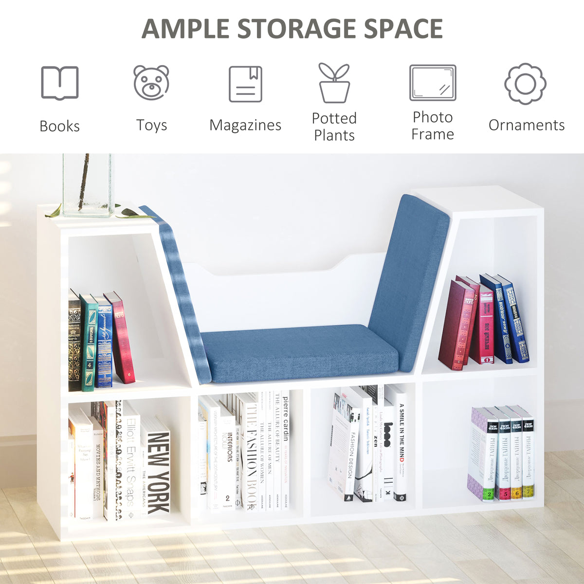 6-Cubby Bookcase with Reading Nook Seat Cushion - Blue-Home Furnishings > Storage & Organization > Bookshelves & Bookcases > Small Bookshelves-DECOROLALA