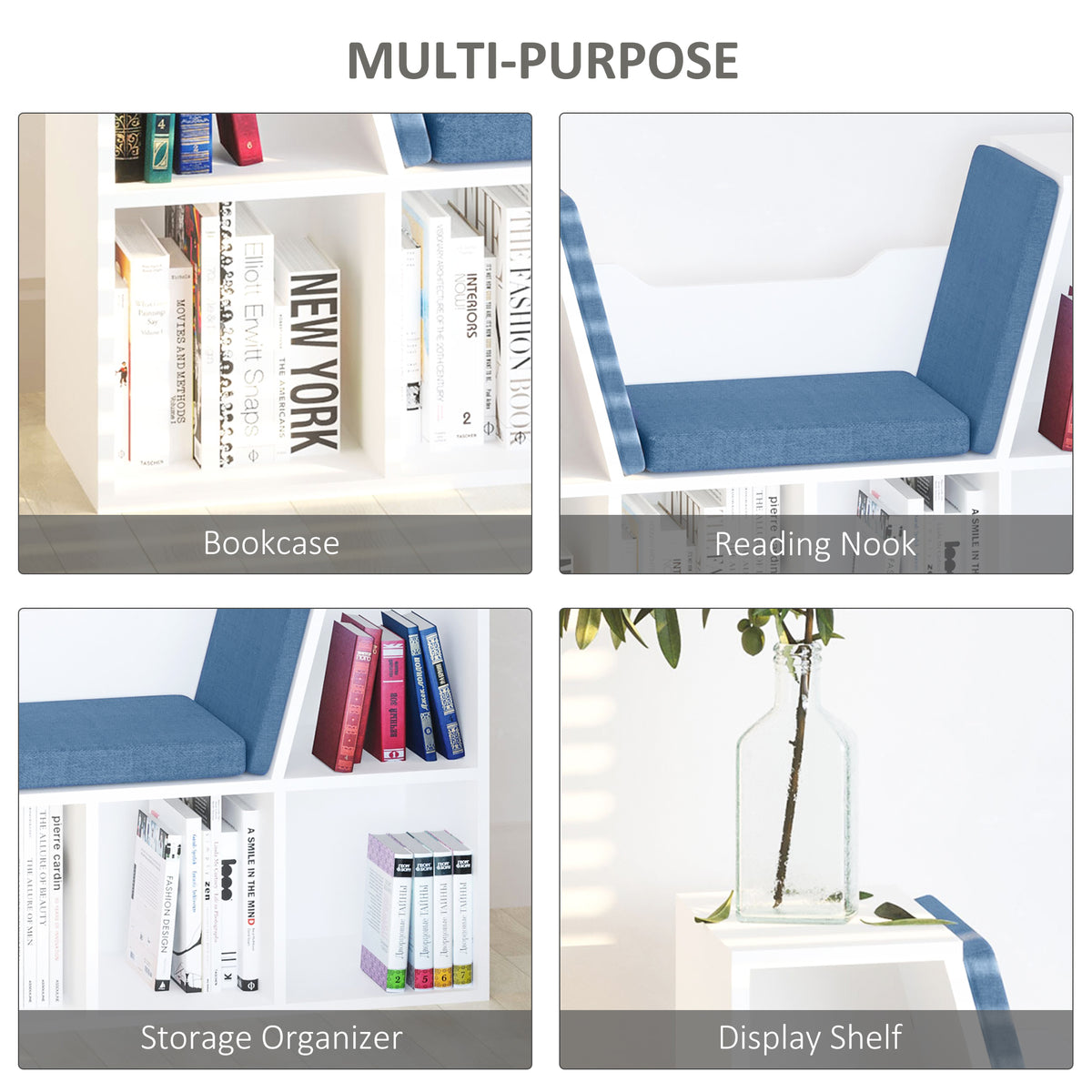 6-Cubby Bookcase with Reading Nook Seat Cushion - Blue-Home Furnishings > Storage & Organization > Bookshelves & Bookcases > Small Bookshelves-DECOROLALA