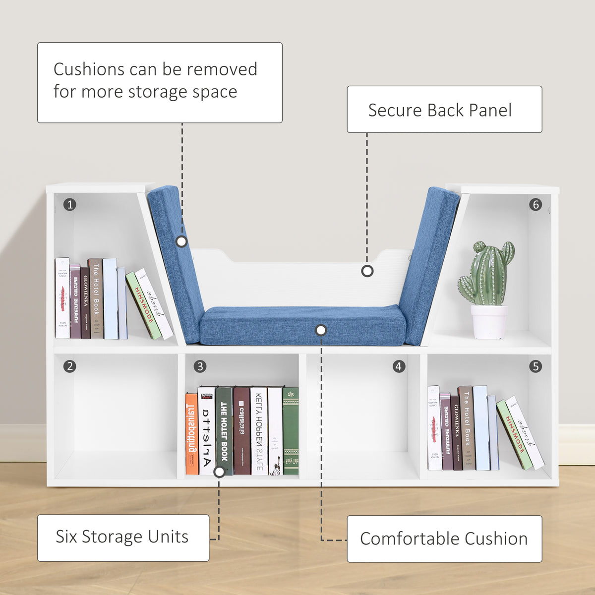 6-Cubby Bookcase with Reading Nook Seat Cushion - Blue-Home Furnishings > Storage & Organization > Bookshelves & Bookcases > Small Bookshelves-DECOROLALA