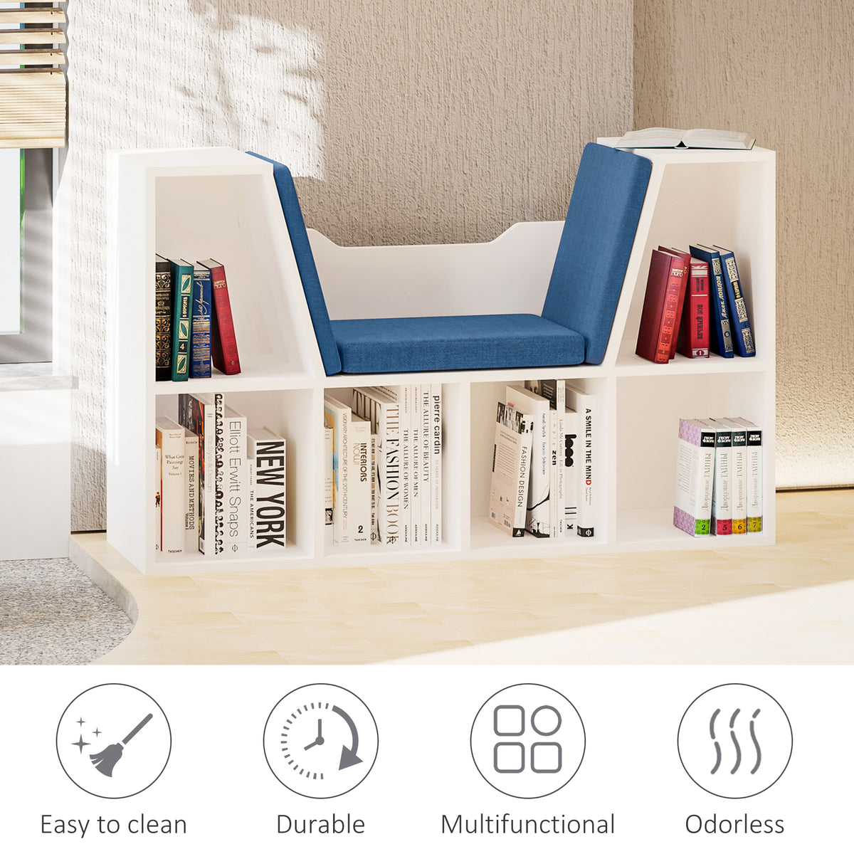 6-Cubby Bookcase with Reading Nook Seat Cushion - Blue-Home Furnishings > Storage & Organization > Bookshelves & Bookcases > Small Bookshelves-DECOROLALA