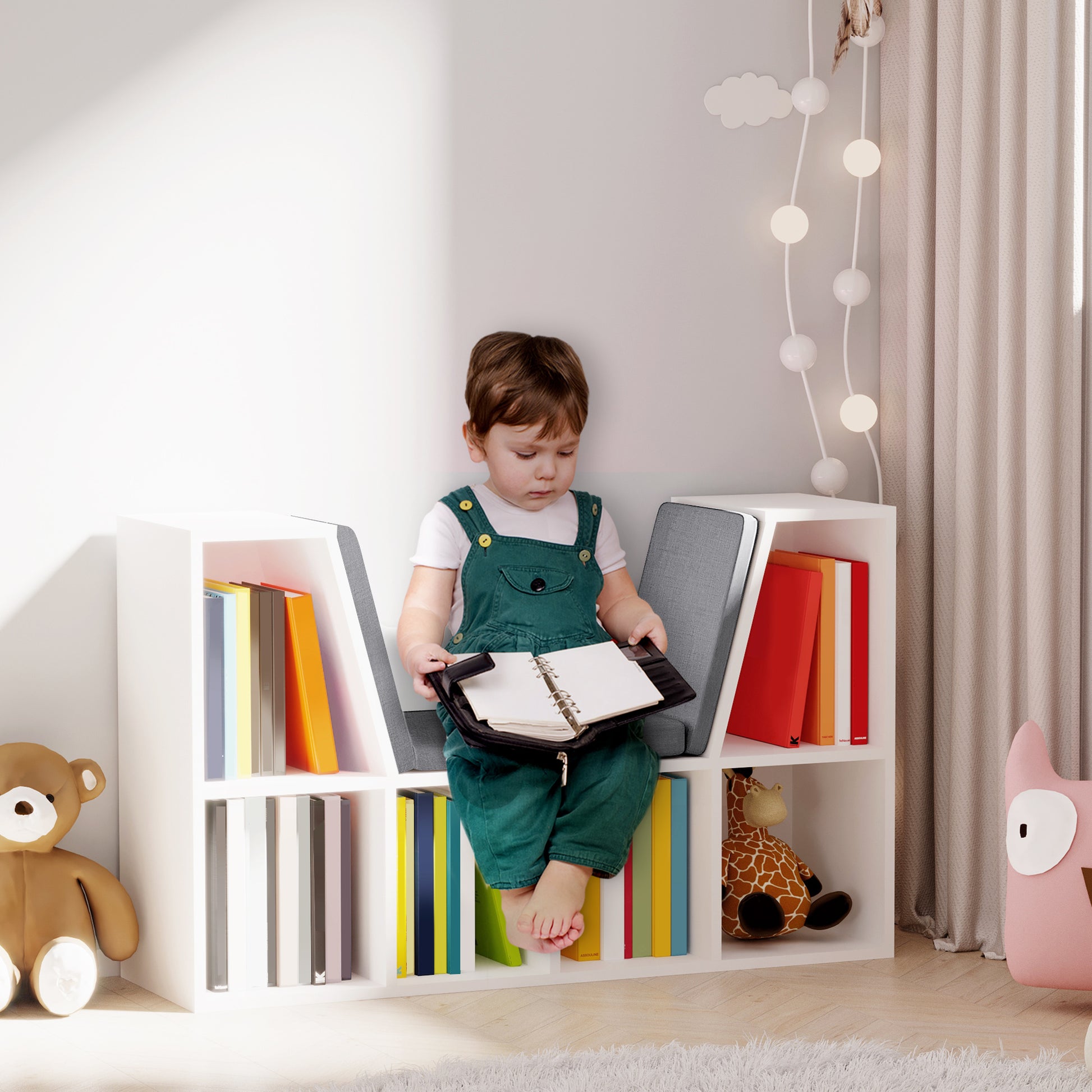 6-Cubby Bookcase with Reading Nook Seat Cushion - Grey-Home Furnishings > Storage & Organization > Bookshelves & Bookcases > Small Bookshelves-DECOROLALA