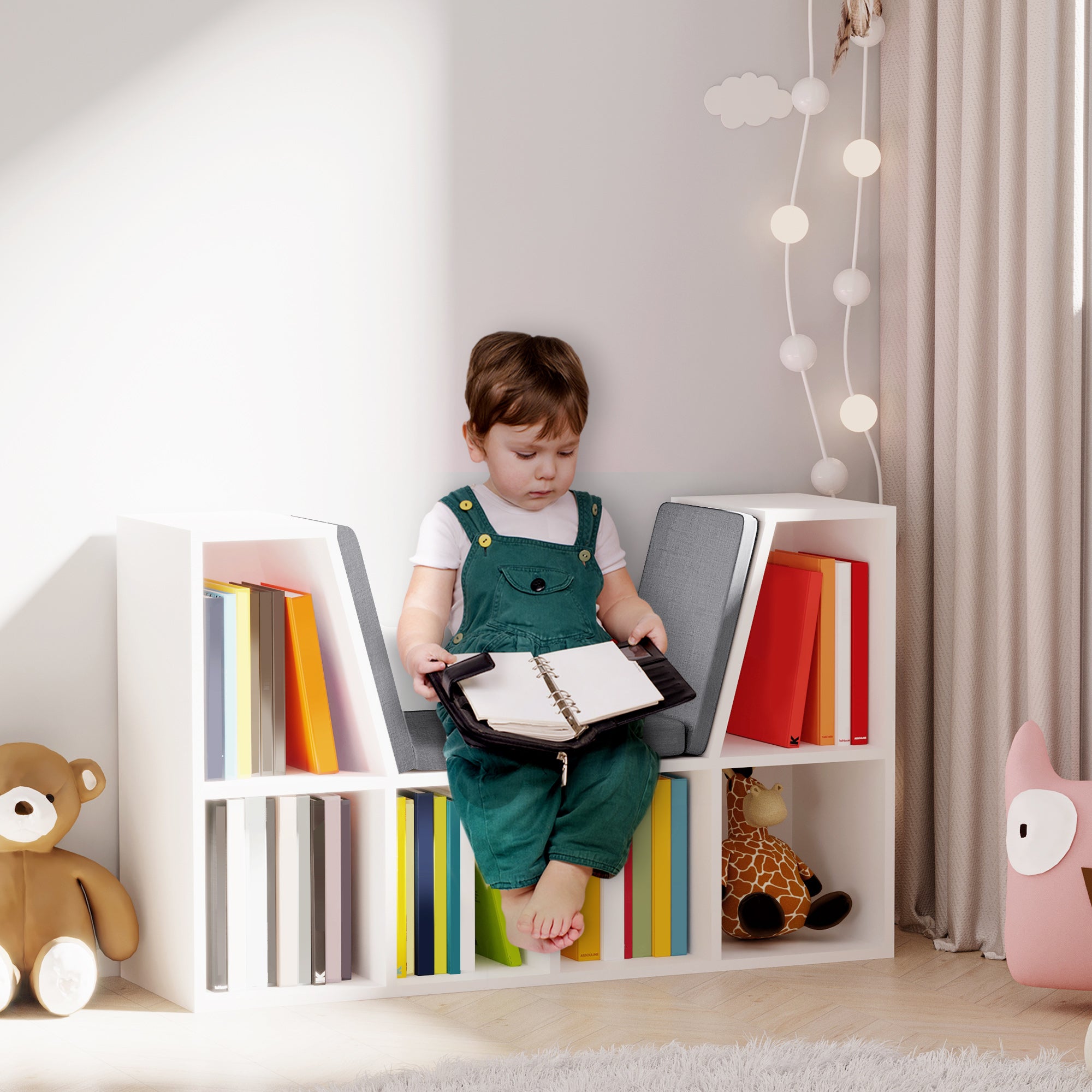 6-Cubby Bookcase with Reading Nook Seat Cushion - Grey-Home Furnishings > Storage & Organization > Bookshelves & Bookcases > Small Bookshelves-DECOROLALA