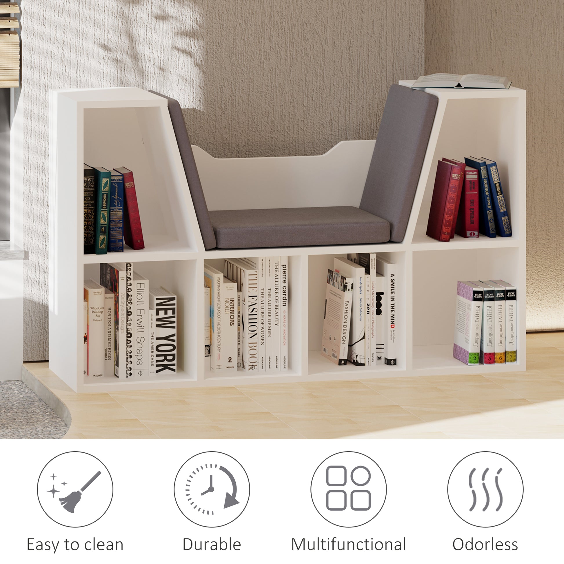 6-Cubby Bookcase with Reading Nook Seat Cushion - Grey-Home Furnishings > Storage & Organization > Bookshelves & Bookcases > Small Bookshelves-DECOROLALA
