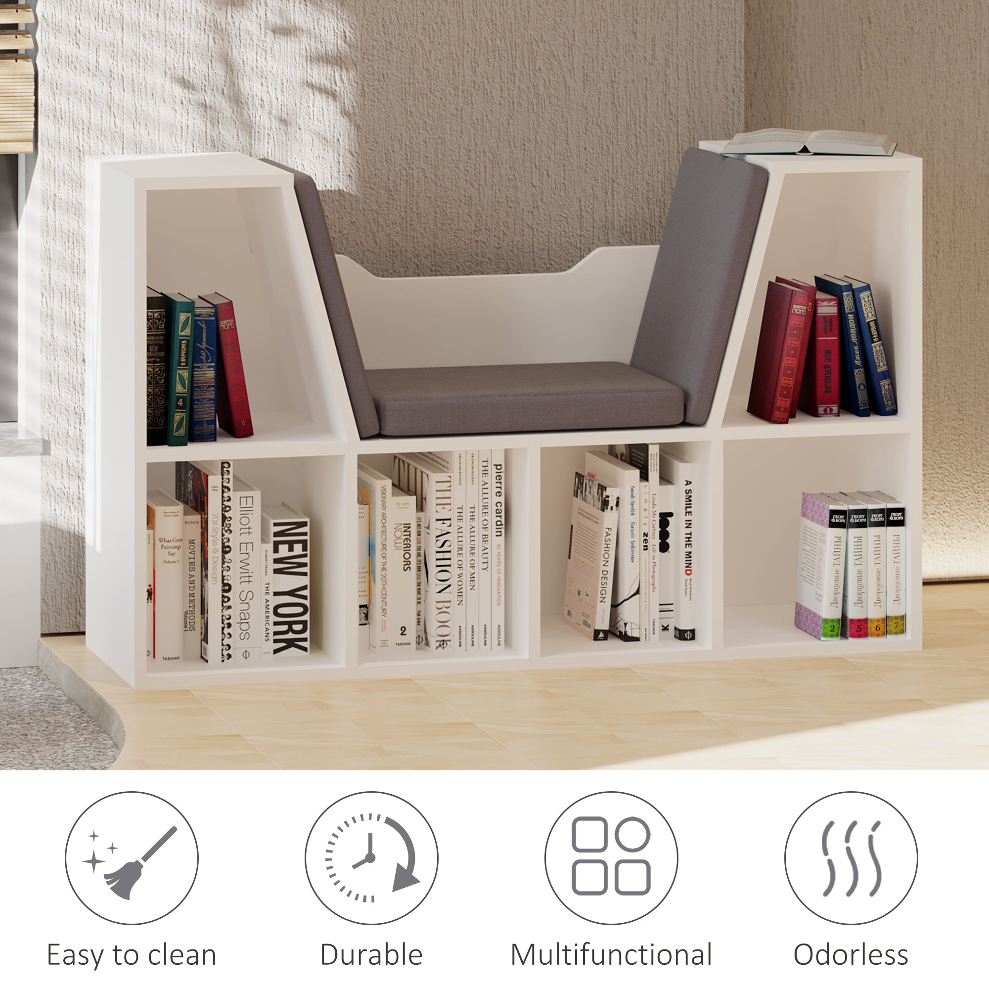 6-Cubby Bookcase with Reading Nook Seat Cushion - Grey-Home Furnishings > Storage & Organization > Bookshelves & Bookcases > Small Bookshelves-DECOROLALA