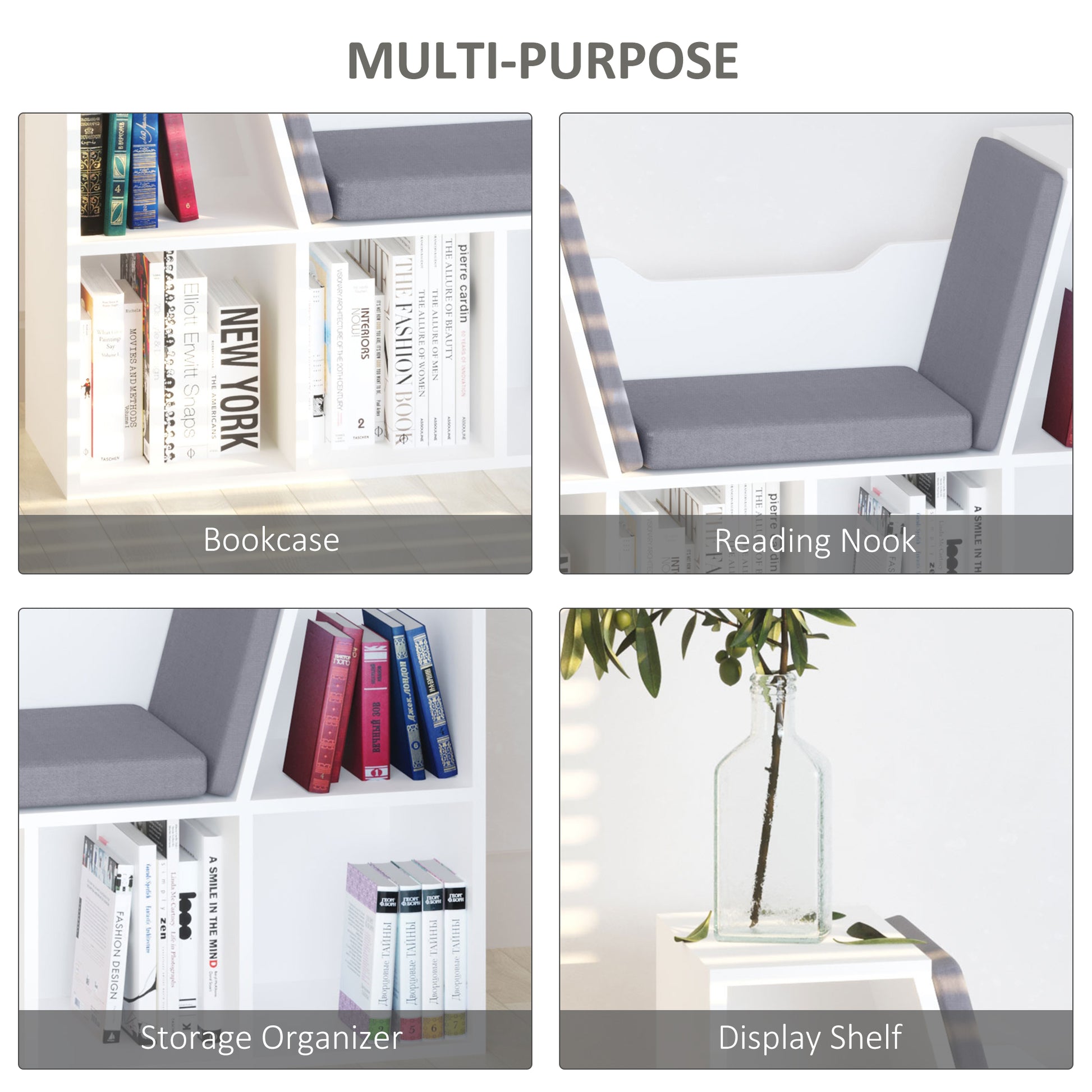 6-Cubby Bookcase with Reading Nook Seat Cushion - Grey-Home Furnishings > Storage & Organization > Bookshelves & Bookcases > Small Bookshelves-DECOROLALA