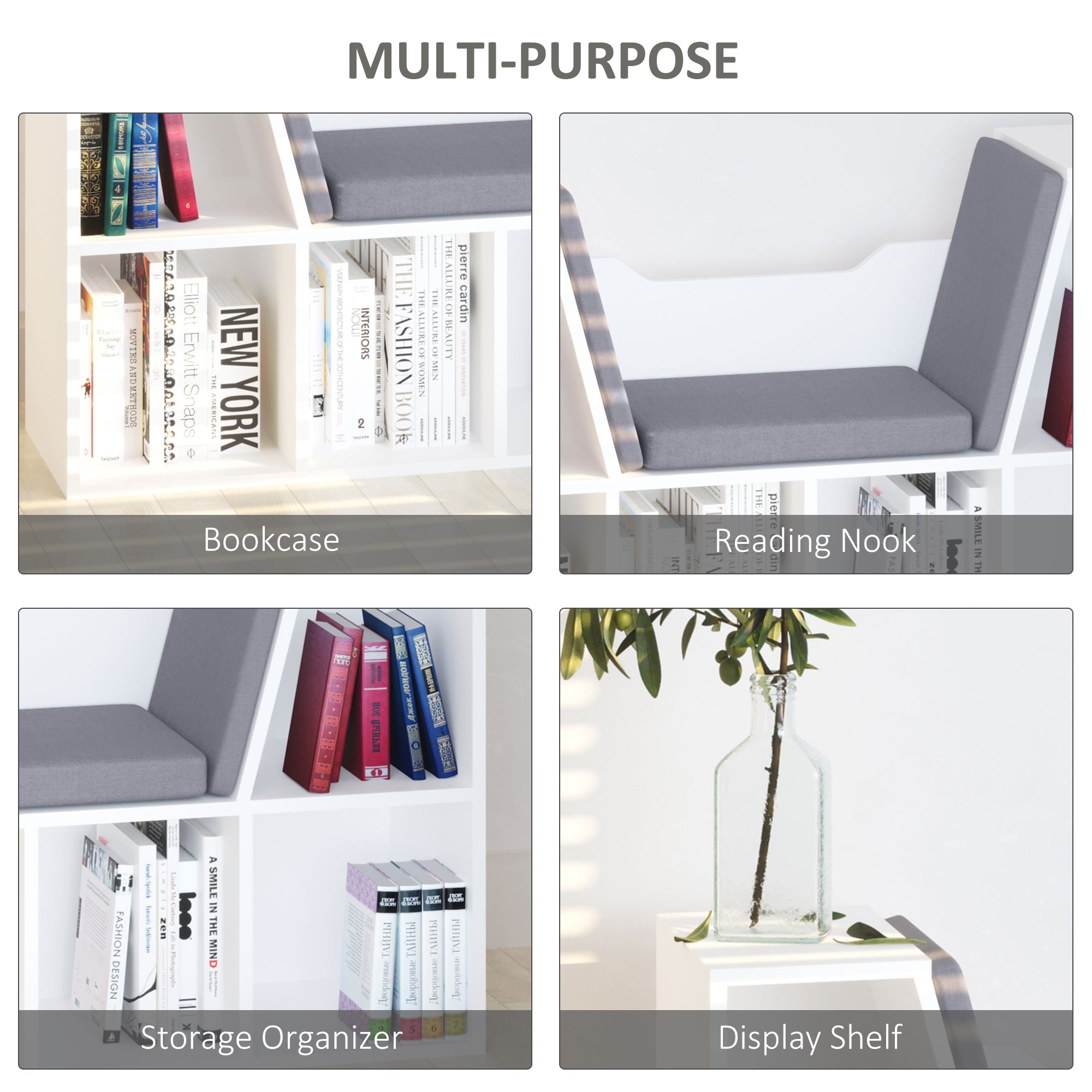 6-Cubby Bookcase with Reading Nook Seat Cushion - Grey-Home Furnishings > Storage & Organization > Bookshelves & Bookcases > Small Bookshelves-DECOROLALA