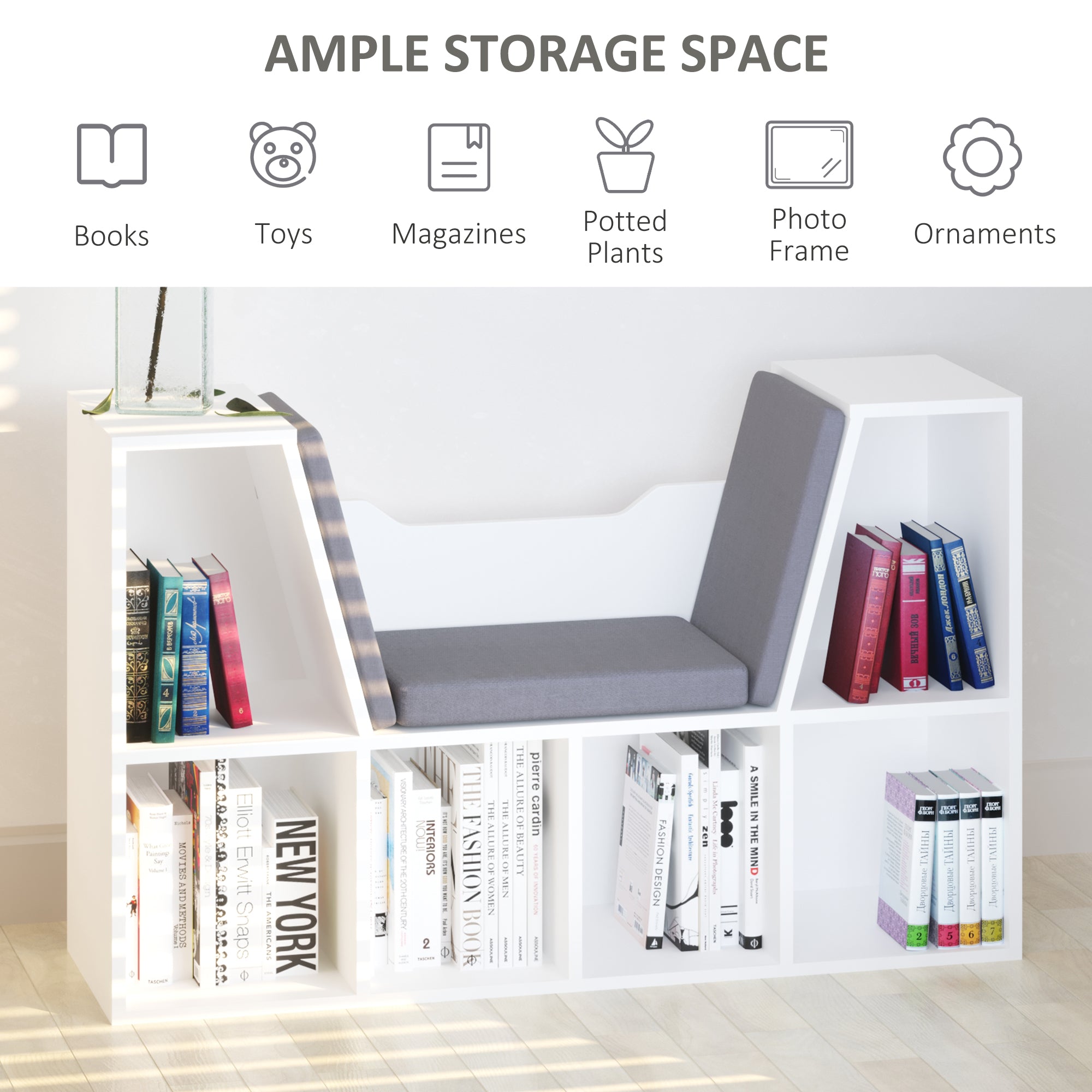 6-Cubby Bookcase with Reading Nook Seat Cushion - Grey-Home Furnishings > Storage & Organization > Bookshelves & Bookcases > Small Bookshelves-DECOROLALA