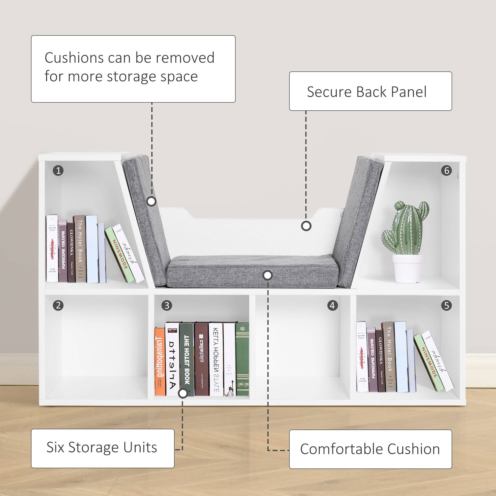 6-Cubby Bookcase with Reading Nook Seat Cushion - Grey-Home Furnishings > Storage & Organization > Bookshelves & Bookcases > Small Bookshelves-DECOROLALA