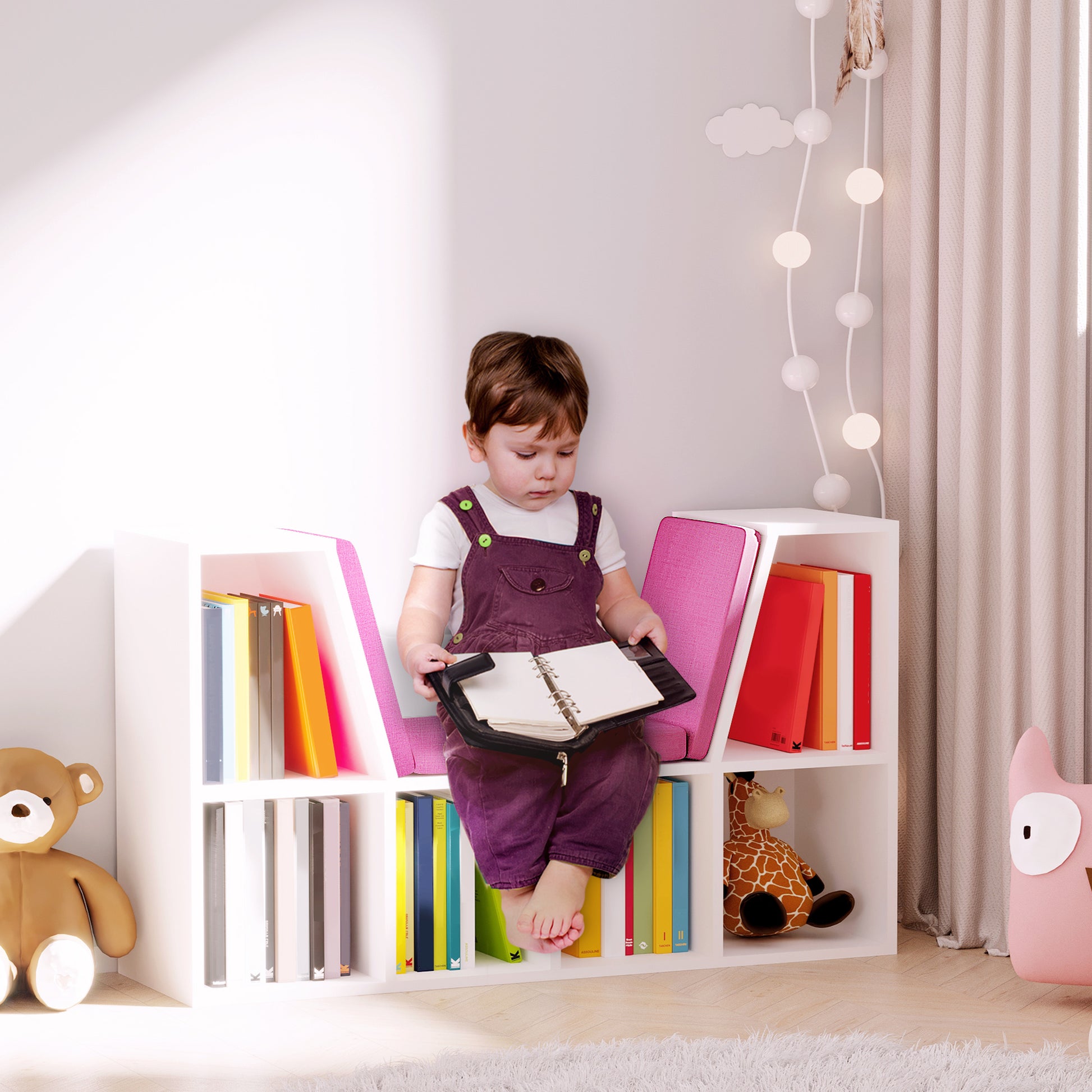 6-Cubby Bookcase with Reading Nook Seat Cushion - Pink-Home Furnishings > Storage & Organization > Bookshelves & Bookcases > Small Bookshelves-DECOROLALA