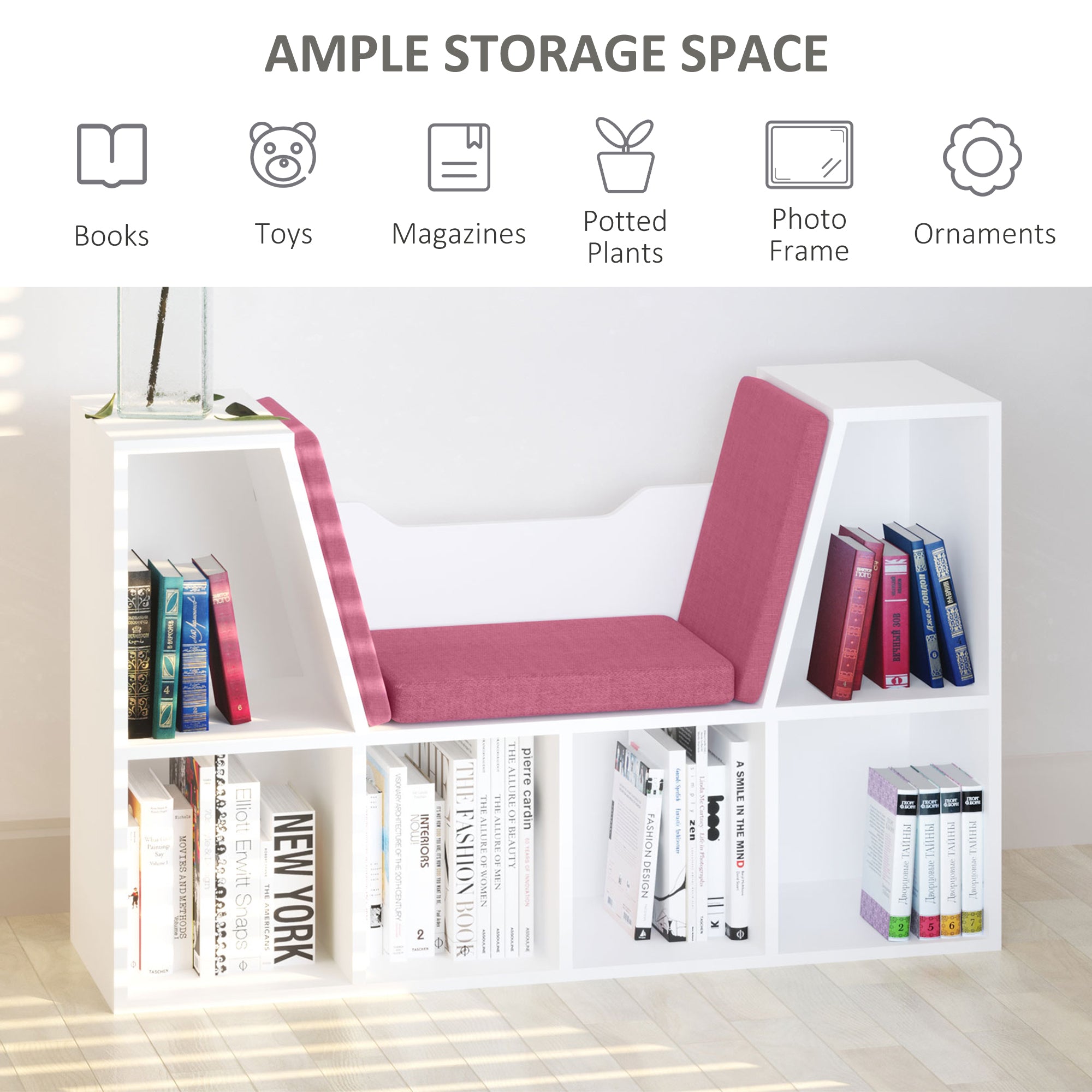 6-Cubby Bookcase with Reading Nook Seat Cushion - Pink-Home Furnishings > Storage & Organization > Bookshelves & Bookcases > Small Bookshelves-DECOROLALA