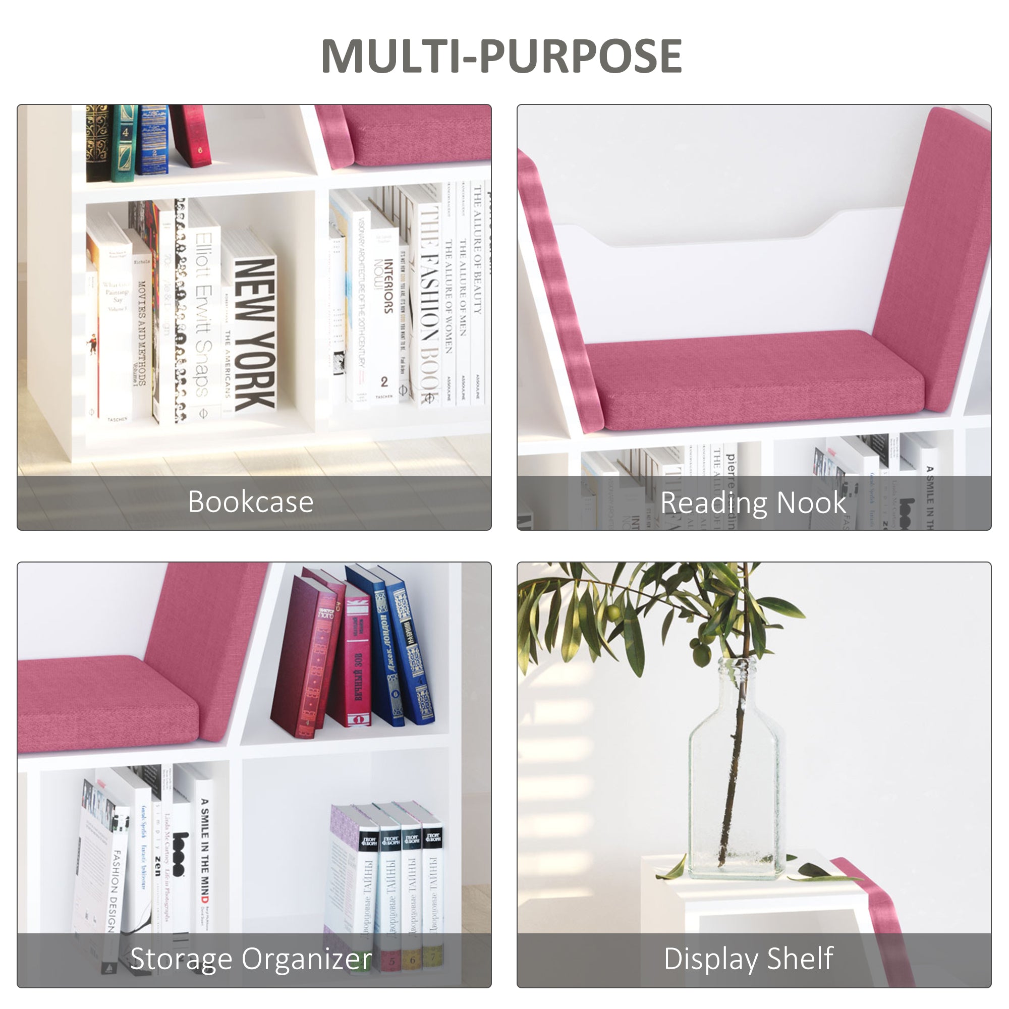 6-Cubby Bookcase with Reading Nook Seat Cushion - Pink-Home Furnishings > Storage & Organization > Bookshelves & Bookcases > Small Bookshelves-DECOROLALA