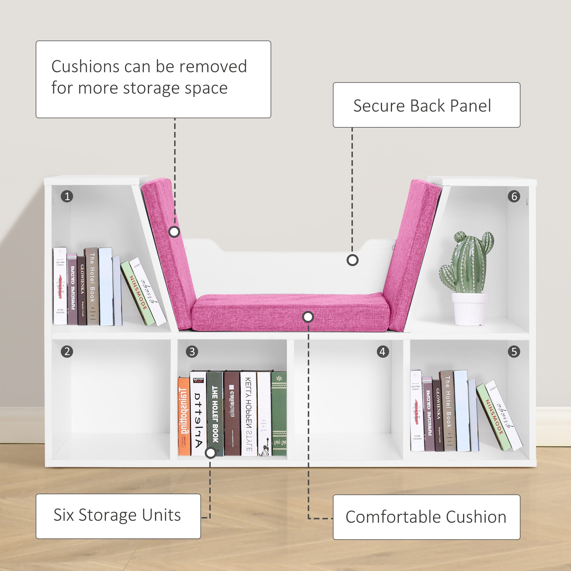 6-Cubby Bookcase with Reading Nook Seat Cushion - Pink-Home Furnishings > Storage & Organization > Bookshelves & Bookcases > Small Bookshelves-DECOROLALA