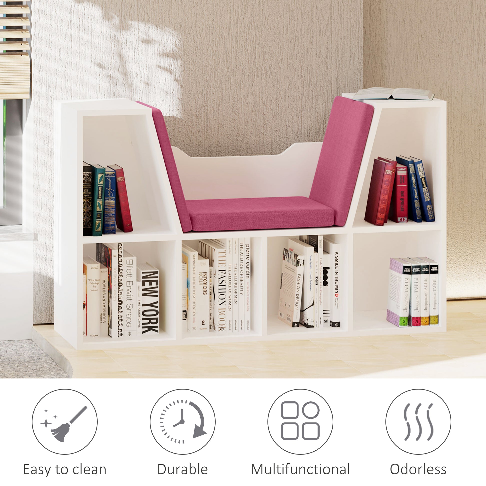 6-Cubby Bookcase with Reading Nook Seat Cushion - Pink-Home Furnishings > Storage & Organization > Bookshelves & Bookcases > Small Bookshelves-DECOROLALA