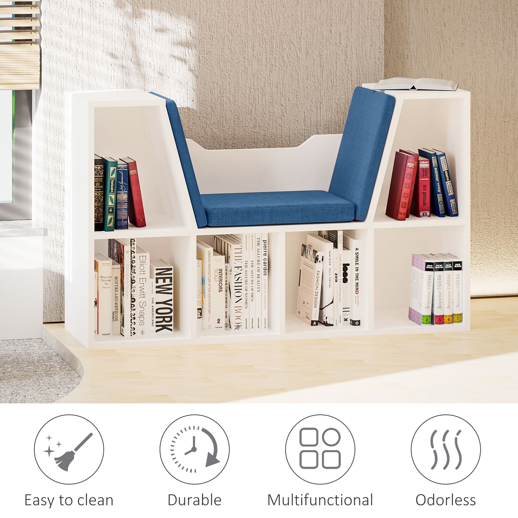 6-Cubby Bookcase with Seat Cushion, Cube Storage Shelf with Reading Nook for Home Office, Study, Blue-Home Furnishings > Storage & Organization > Bookshelves & Bookcases > Small Bookshelves-DECOROLALA