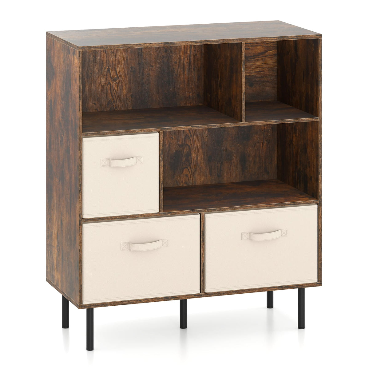 6-Cube Bookshelf with 3 Removable Folding Fabric Drawers for Living Room-Rustic Brown-Bookcases-DECOROLALA