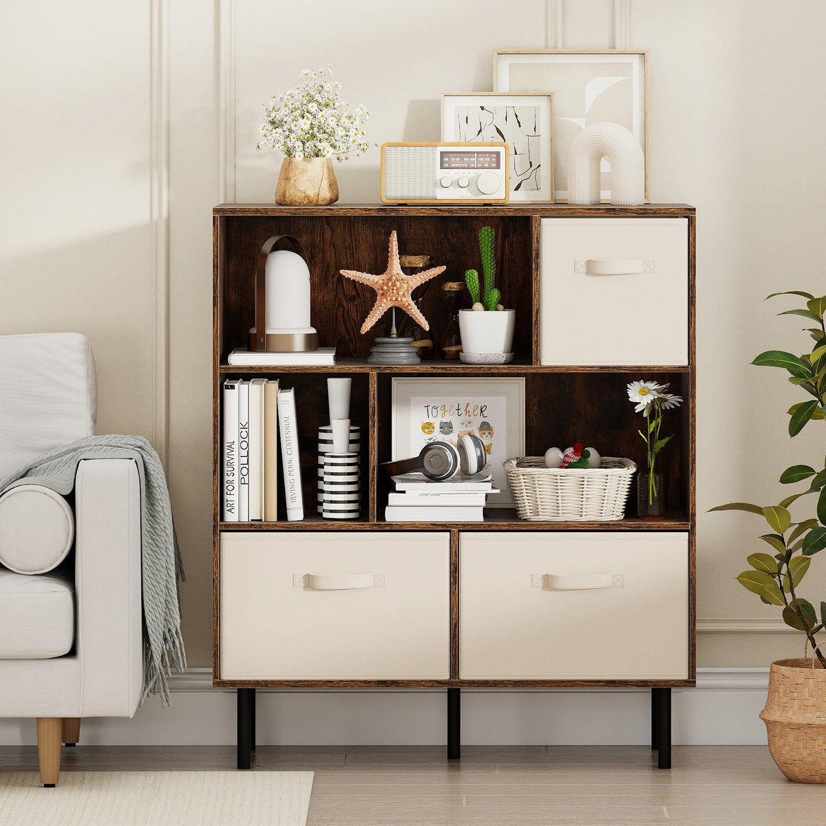 6-Cube Bookshelf with 3 Removable Folding Fabric Drawers for Living Room-Rustic Brown-Bookcases-DECOROLALA