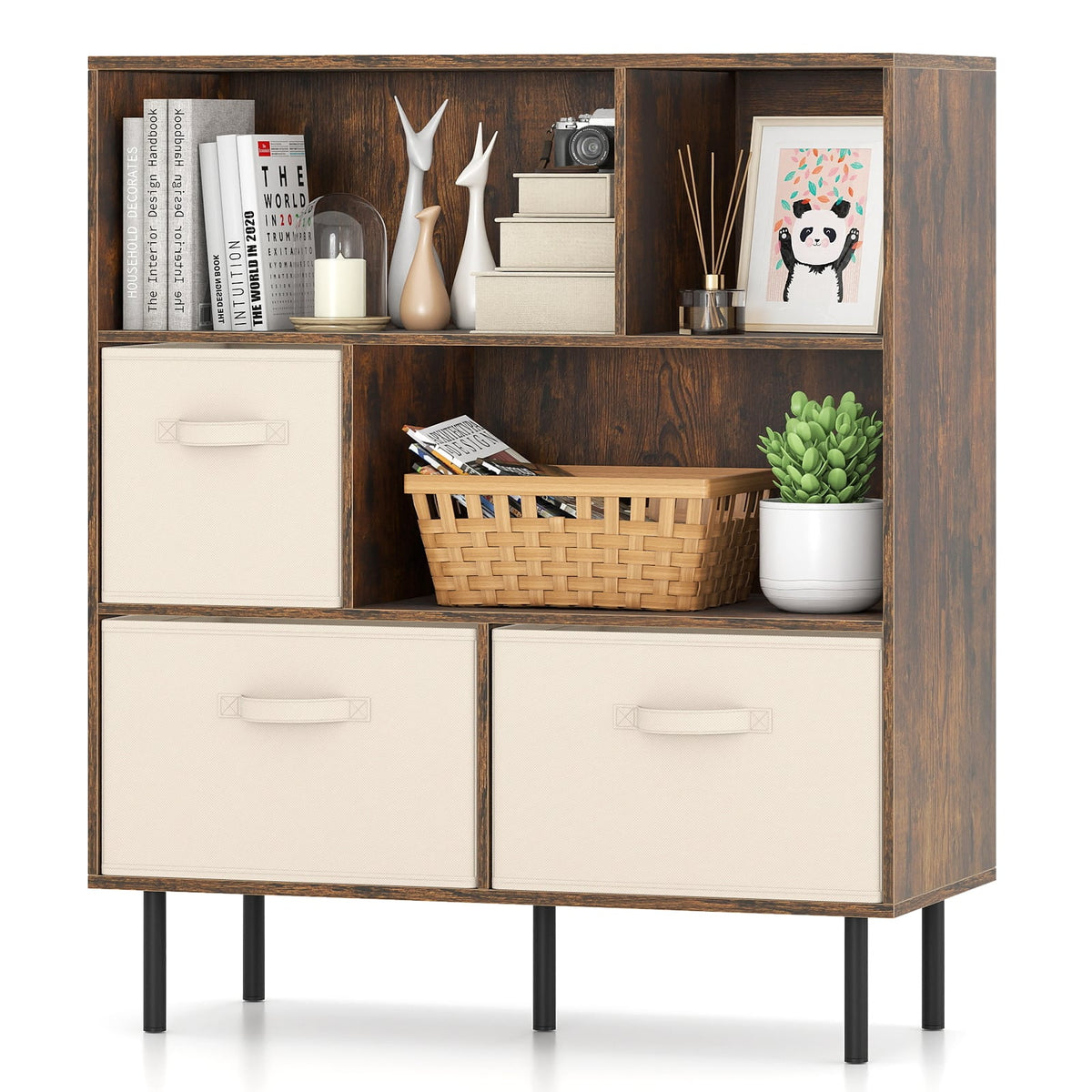 6-Cube Bookshelf with 3 Removable Folding Fabric Drawers for Living Room-Rustic Brown-Bookcases-DECOROLALA