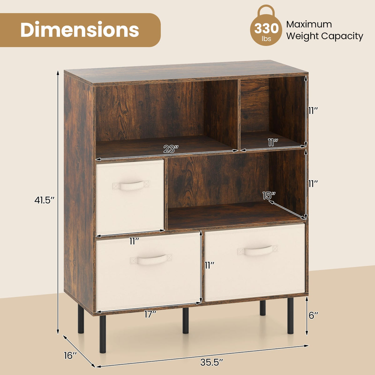 6-Cube Bookshelf with 3 Removable Folding Fabric Drawers for Living Room-Rustic Brown-Bookcases-DECOROLALA