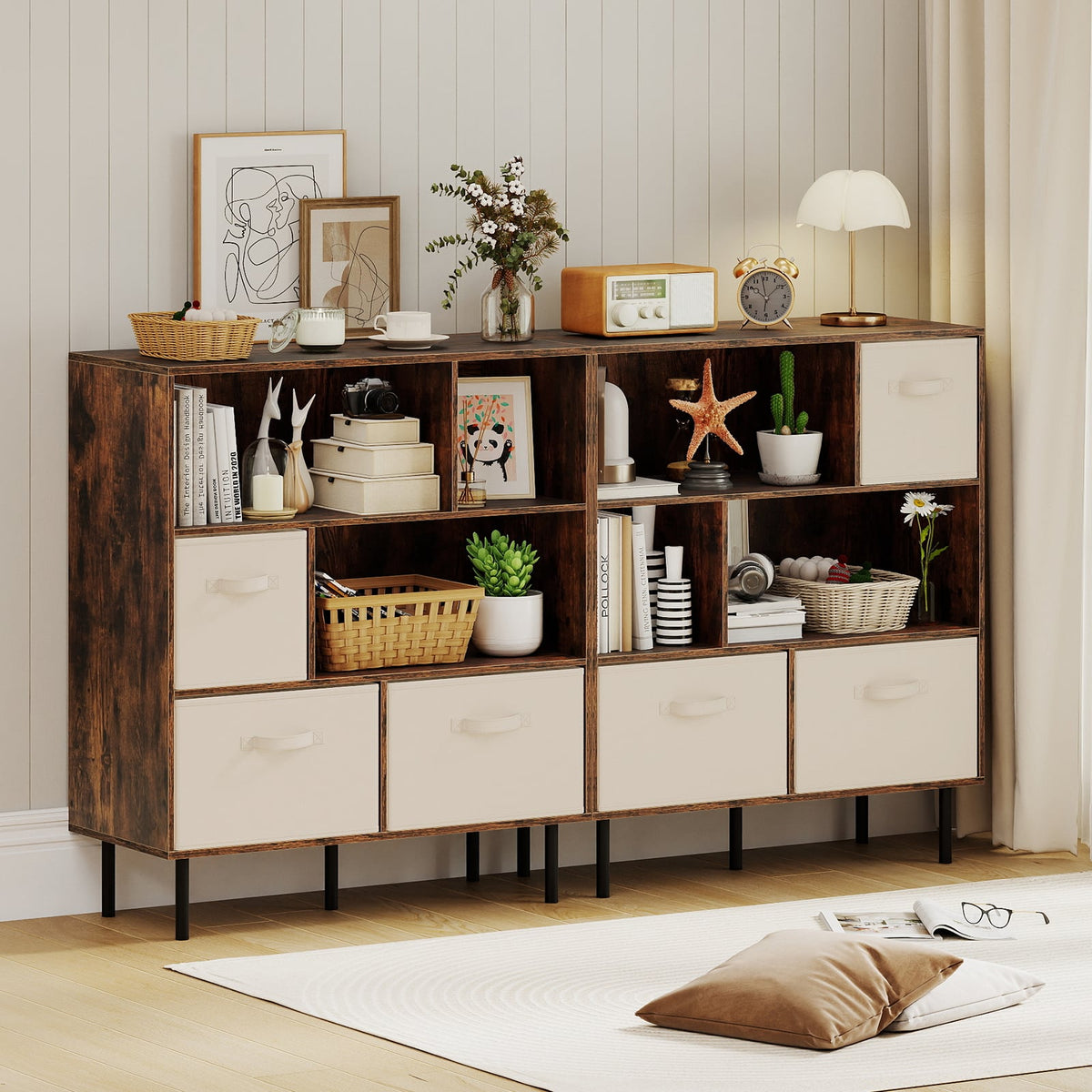 6-Cube Bookshelf with 3 Removable Folding Fabric Drawers for Living Room-Rustic Brown-Bookcases-DECOROLALA